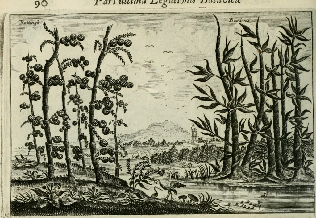 An illustration from Legatio batavica ad magnum Tartariæ chamum Sungteium, modernum Sinæ imperatorem. Historiarum narratione, quæ legatis in provinciis Quantung, Kiangsi, Nanking, Xantung, Peking, & aula imperatoriâ ab anno 1665 ad annum 1657 obtigerunt, ut & ardua Sinensium in bello tartarico fortunâ, provinciarum accurata geographia, urbium delineatione, nec non artis & naturæ miraculis ex animalium, vegetabilium, mineralium genere per centum & quinquaginta æneas figuras passim illustrata & conscripta vernacule, 1668, leaf 353
