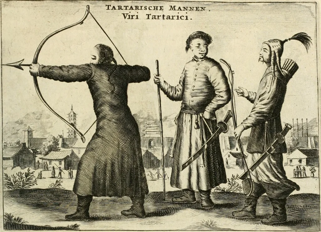An illustration from Legatio batavica ad magnum Tartariæ chamum Sungteium, modernum Sinæ imperatorem. Historiarum narratione, quæ legatis in provinciis Quantung, Kiangsi, Nanking, Xantung, Peking, & aula imperatoriâ ab anno 1665 ad annum 1657 obtigerunt, ut & ardua Sinensium in bello tartarico fortunâ, provinciarum accurata geographia, urbium delineatione, nec non artis & naturæ miraculis ex animalium, vegetabilium, mineralium genere per centum & quinquaginta æneas figuras passim illustrata & conscripta vernacule, 1668, leaf 402