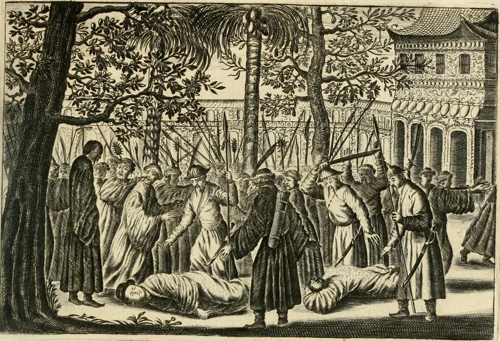 An illustration from Legatio batavica ad magnum Tartariæ chamum Sungteium, modernum Sinæ imperatorem. Historiarum narratione, quæ legatis in provinciis Quantung, Kiangsi, Nanking, Xantung, Peking, & aula imperatoriâ ab anno 1665 ad annum 1657 obtigerunt, ut & ardua Sinensium in bello tartarico fortunâ, provinciarum accurata geographia, urbium delineatione, nec non artis & naturæ miraculis ex animalium, vegetabilium, mineralium genere per centum & quinquaginta æneas figuras passim illustrata & conscripta vernacule, 1668, leaf 420