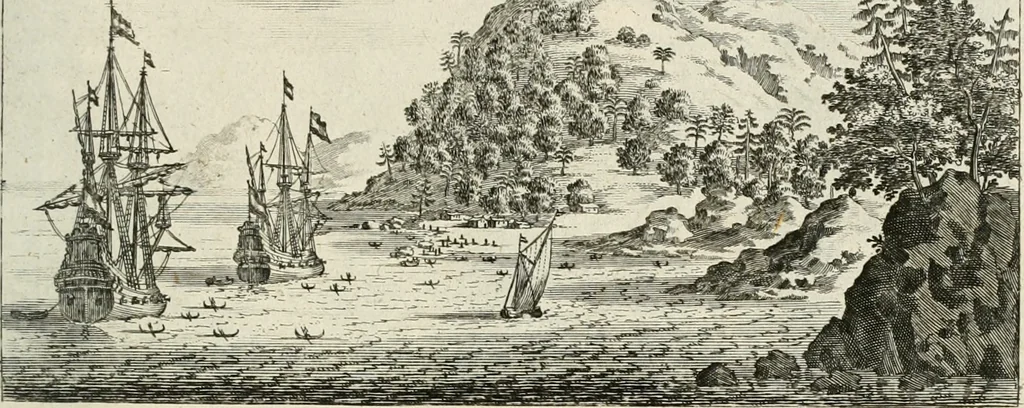 An illustration from Legatio batavica ad magnum Tartariæ chamum Sungteium, modernum Sinæ imperatorem. Historiarum narratione, quæ legatis in provinciis Quantung, Kiangsi, Nanking, Xantung, Peking, & aula imperatoriâ ab anno 1665 ad annum 1657 obtigerunt, ut & ardua Sinensium in bello tartarico fortunâ, provinciarum accurata geographia, urbium delineatione, nec non artis & naturæ miraculis ex animalium, vegetabilium, mineralium genere per centum & quinquaginta æneas figuras passim illustrata & conscripta vernacule, 1668, leaf 44