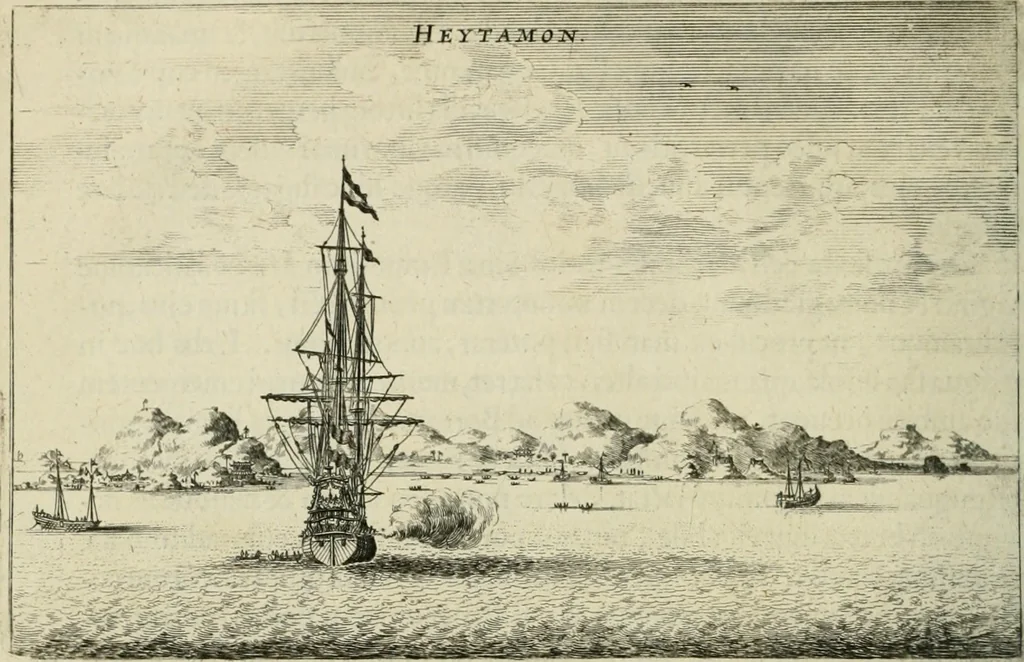 An illustration from Legatio batavica ad magnum Tartariæ chamum Sungteium, modernum Sinæ imperatorem. Historiarum narratione, quæ legatis in provinciis Quantung, Kiangsi, Nanking, Xantung, Peking, & aula imperatoriâ ab anno 1665 ad annum 1657 obtigerunt, ut & ardua Sinensium in bello tartarico fortunâ, provinciarum accurata geographia, urbium delineatione, nec non artis & naturæ miraculis ex animalium, vegetabilium, mineralium genere per centum & quinquaginta æneas figuras passim illustrata & conscripta vernacule, 1668, leaf 49