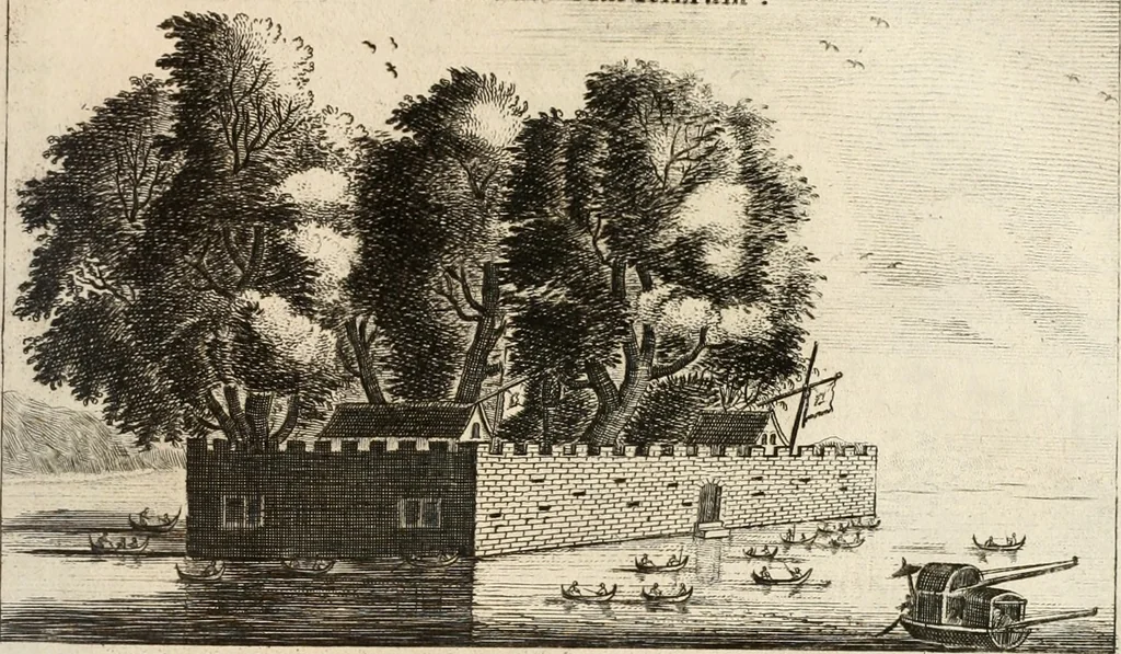 An illustration from Legatio batavica ad magnum Tartariæ chamum Sungteium, modernum Sinæ imperatorem. Historiarum narratione, quæ legatis in provinciis Quantung, Kiangsi, Nanking, Xantung, Peking, & aula imperatoriâ ab anno 1665 ad annum 1657 obtigerunt, ut & ardua Sinensium in bello tartarico fortunâ, provinciarum accurata geographia, urbium delineatione, nec non artis & naturæ miraculis ex animalium, vegetabilium, mineralium genere per centum & quinquaginta æneas figuras passim illustrata & conscripta vernacule, 1668, leaf 56
