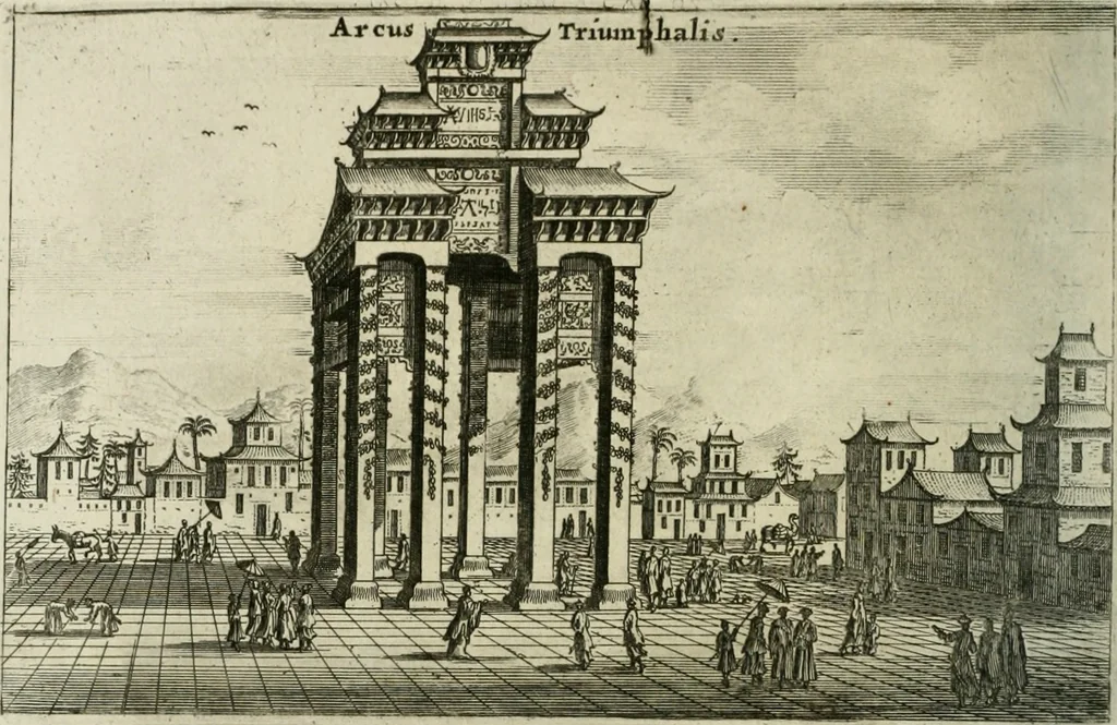 An illustration from Legatio batavica ad magnum Tartariæ chamum Sungteium, modernum Sinæ imperatorem. Historiarum narratione, quæ legatis in provinciis Quantung, Kiangsi, Nanking, Xantung, Peking, & aula imperatoriâ ab anno 1665 ad annum 1657 obtigerunt, ut & ardua Sinensium in bello tartarico fortunâ, provinciarum accurata geographia, urbium delineatione, nec non artis & naturæ miraculis ex animalium, vegetabilium, mineralium genere per centum & quinquaginta æneas figuras passim illustrata & conscripta vernacule, 1668, leaf 57