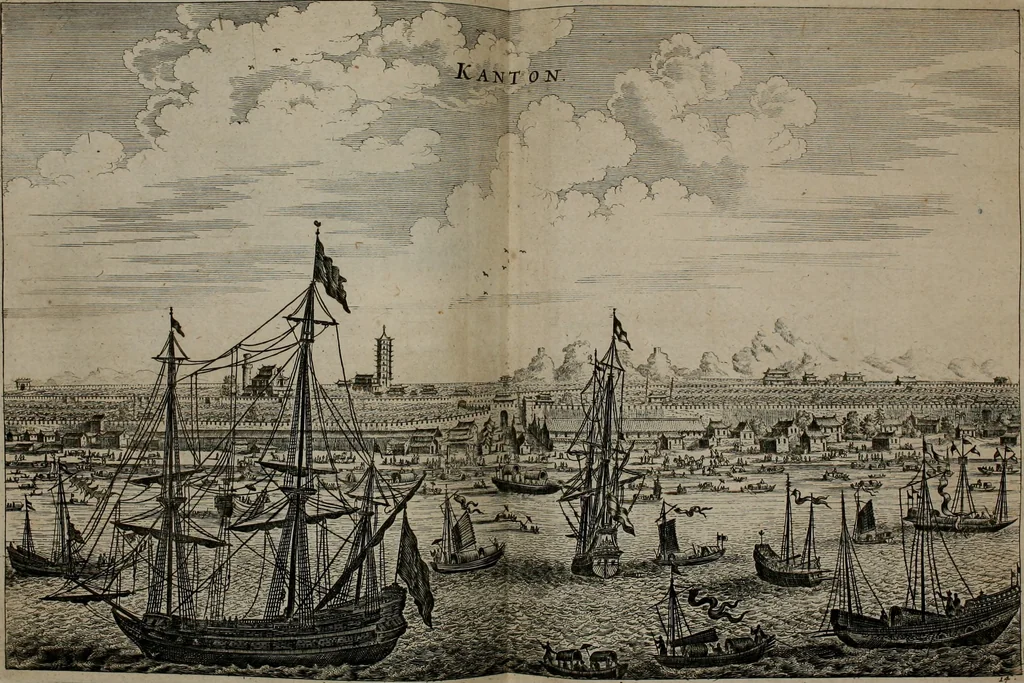 An illustration from Legatio batavica ad magnum Tartariæ chamum Sungteium, modernum Sinæ imperatorem. Historiarum narratione, quæ legatis in provinciis Quantung, Kiangsi, Nanking, Xantung, Peking, & aula imperatoriâ ab anno 1665 ad annum 1657 obtigerunt, ut & ardua Sinensium in bello tartarico fortunâ, provinciarum accurata geographia, urbium delineatione, nec non artis & naturæ miraculis ex animalium, vegetabilium, mineralium genere per centum & quinquaginta æneas figuras passim illustrata & conscripta vernacule, 1668, leaf 59