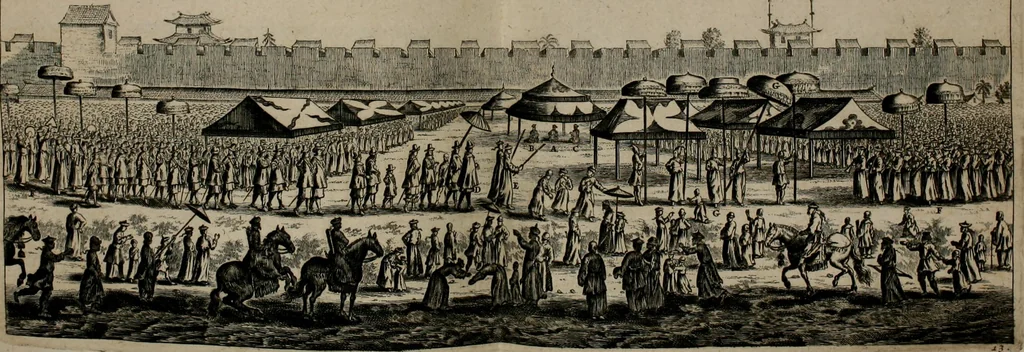 An illustration from Legatio batavica ad magnum Tartariæ chamum Sungteium, modernum Sinæ imperatorem. Historiarum narratione, quæ legatis in provinciis Quantung, Kiangsi, Nanking, Xantung, Peking, & aula imperatoriâ ab anno 1665 ad annum 1657 obtigerunt, ut & ardua Sinensium in bello tartarico fortunâ, provinciarum accurata geographia, urbium delineatione, nec non artis & naturæ miraculis ex animalium, vegetabilium, mineralium genere per centum & quinquaginta æneas figuras passim illustrata & conscripta vernacule, 1668, leaf 63