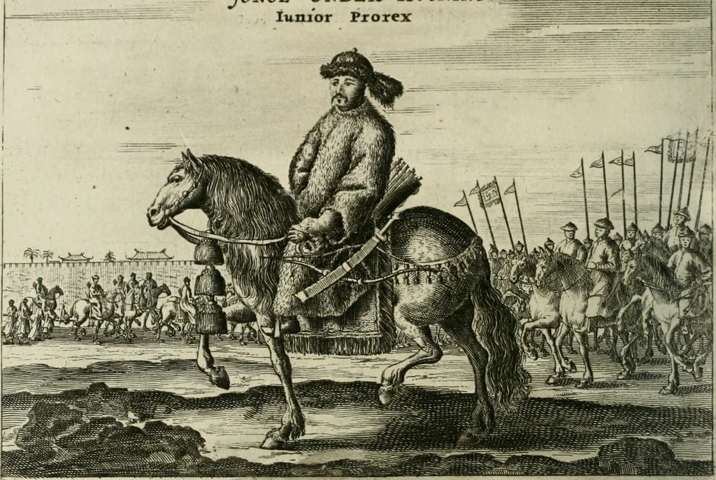 An illustration from Legatio batavica ad magnum Tartariæ chamum Sungteium, modernum Sinæ imperatorem. Historiarum narratione, quæ legatis in provinciis Quantung, Kiangsi, Nanking, Xantung, Peking, & aula imperatoriâ ab anno 1665 ad annum 1657 obtigerunt, ut & ardua Sinensium in bello tartarico fortunâ, provinciarum accurata geographia, urbium delineatione, nec non artis & naturæ miraculis ex animalium, vegetabilium, mineralium genere per centum & quinquaginta æneas figuras passim illustrata & conscripta vernacule, 1668, leaf 67