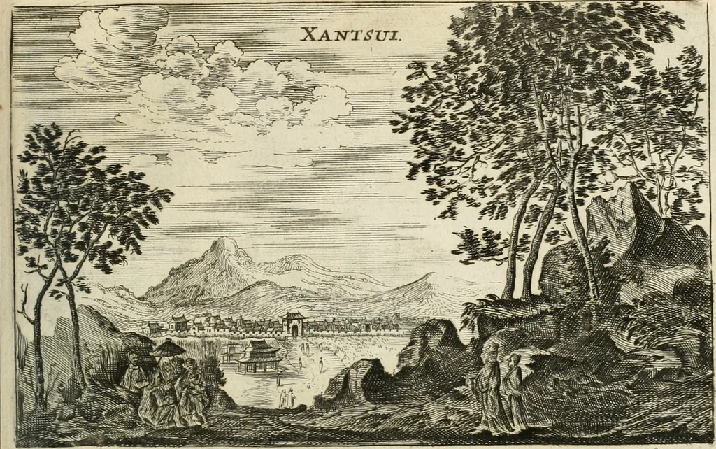 An illustration from Legatio batavica ad magnum Tartariæ chamum Sungteium, modernum Sinæ imperatorem. Historiarum narratione, quæ legatis in provinciis Quantung, Kiangsi, Nanking, Xantung, Peking, & aula imperatoriâ ab anno 1665 ad annum 1657 obtigerunt, ut & ardua Sinensium in bello tartarico fortunâ, provinciarum accurata geographia, urbium delineatione, nec non artis & naturæ miraculis ex animalium, vegetabilium, mineralium genere per centum & quinquaginta æneas figuras passim illustrata & conscripta vernacule, 1668, leaf 72