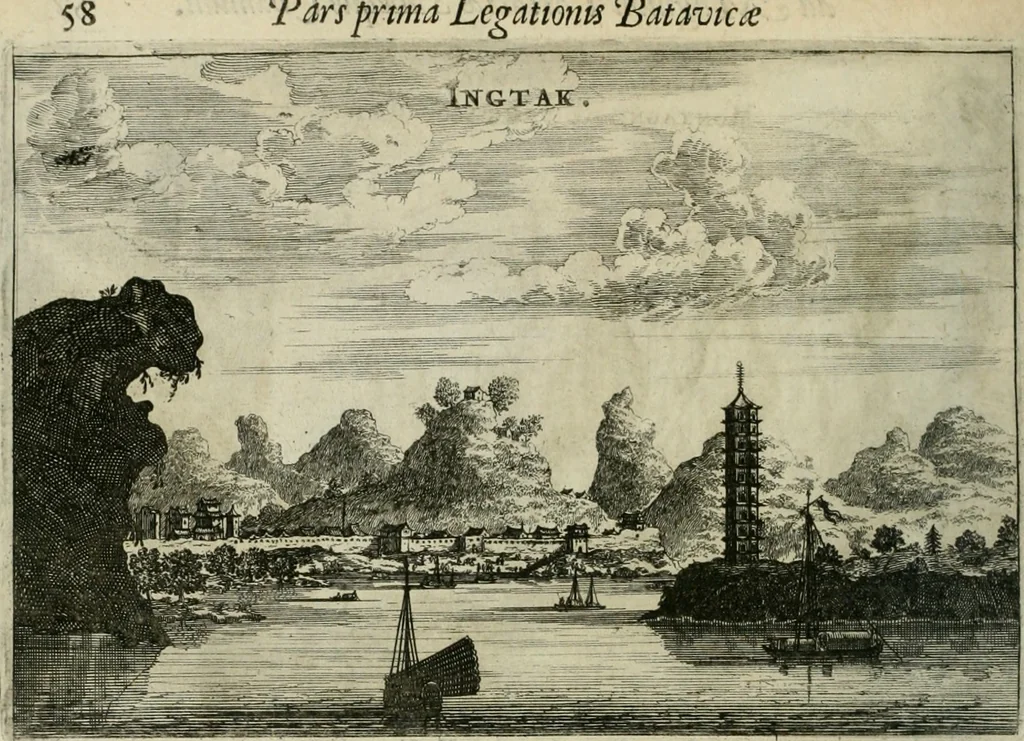 An illustration from Legatio batavica ad magnum Tartariæ chamum Sungteium, modernum Sinæ imperatorem. Historiarum narratione, quæ legatis in provinciis Quantung, Kiangsi, Nanking, Xantung, Peking, & aula imperatoriâ ab anno 1665 ad annum 1657 obtigerunt, ut & ardua Sinensium in bello tartarico fortunâ, provinciarum accurata geographia, urbium delineatione, nec non artis & naturæ miraculis ex animalium, vegetabilium, mineralium genere per centum & quinquaginta æneas figuras passim illustrata & conscripta vernacule, 1668, leaf 77