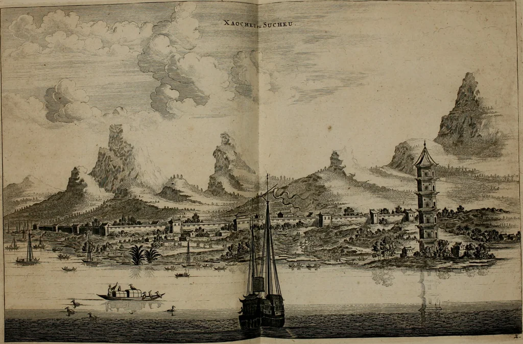 An illustration from Legatio batavica ad magnum Tartariæ chamum Sungteium, modernum Sinæ imperatorem. Historiarum narratione, quæ legatis in provinciis Quantung, Kiangsi, Nanking, Xantung, Peking, & aula imperatoriâ ab anno 1665 ad annum 1657 obtigerunt, ut & ardua Sinensium in bello tartarico fortunâ, provinciarum accurata geographia, urbium delineatione, nec non artis & naturæ miraculis ex animalium, vegetabilium, mineralium genere per centum & quinquaginta æneas figuras passim illustrata & conscripta vernacule, 1668, leaf 79