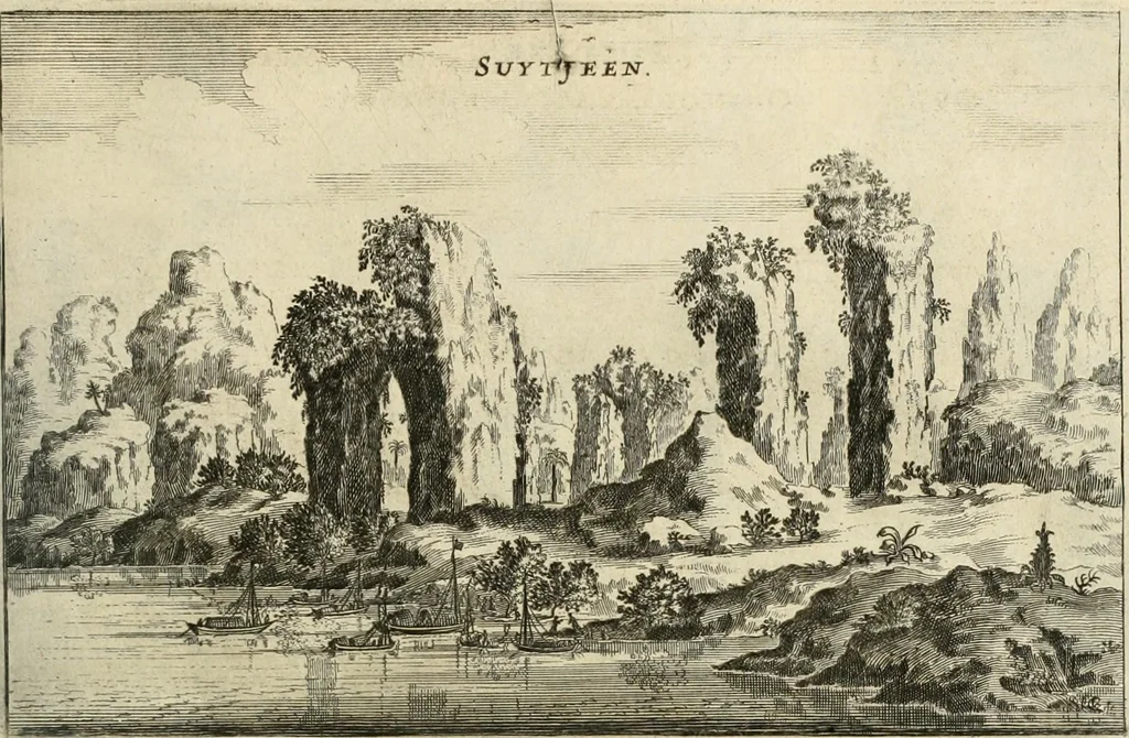 An illustration from Legatio batavica ad magnum Tartariæ chamum Sungteium, modernum Sinæ imperatorem. Historiarum narratione, quæ legatis in provinciis Quantung, Kiangsi, Nanking, Xantung, Peking, & aula imperatoriâ ab anno 1665 ad annum 1657 obtigerunt, ut & ardua Sinensium in bello tartarico fortunâ, provinciarum accurata geographia, urbium delineatione, nec non artis & naturæ miraculis ex animalium, vegetabilium, mineralium genere per centum & quinquaginta æneas figuras passim illustrata & conscripta vernacule, 1668, leaf 86