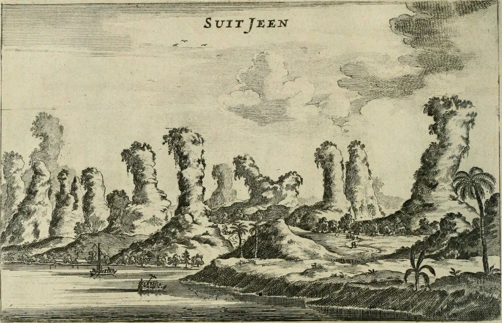 An illustration from Legatio batavica ad magnum Tartariæ chamum Sungteium, modernum Sinæ imperatorem. Historiarum narratione, quæ legatis in provinciis Quantung, Kiangsi, Nanking, Xantung, Peking, & aula imperatoriâ ab anno 1665 ad annum 1657 obtigerunt, ut & ardua Sinensium in bello tartarico fortunâ, provinciarum accurata geographia, urbium delineatione, nec non artis & naturæ miraculis ex animalium, vegetabilium, mineralium genere per centum & quinquaginta æneas figuras passim illustrata & conscripta vernacule, 1668, leaf 87