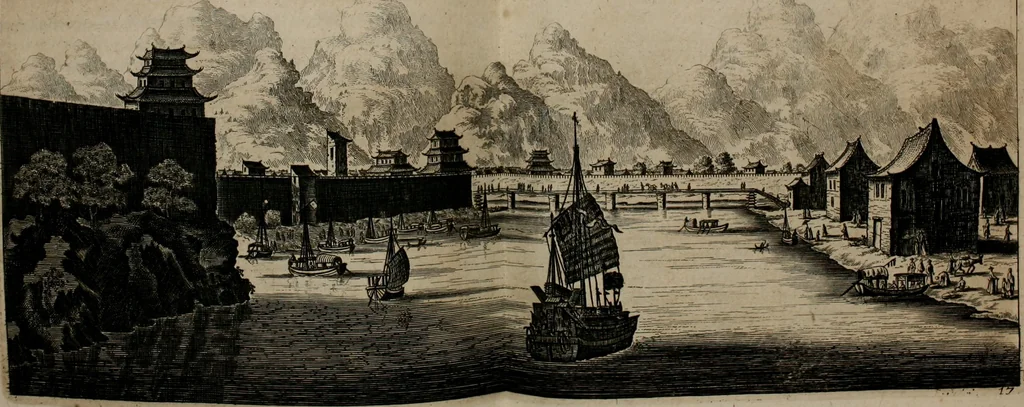 An illustration from Legatio batavica ad magnum Tartariæ chamum Sungteium, modernum Sinæ imperatorem. Historiarum narratione, quæ legatis in provinciis Quantung, Kiangsi, Nanking, Xantung, Peking, & aula imperatoriâ ab anno 1665 ad annum 1657 obtigerunt, ut & ardua Sinensium in bello tartarico fortunâ, provinciarum accurata geographia, urbium delineatione, nec non artis & naturæ miraculis ex animalium, vegetabilium, mineralium genere per centum & quinquaginta æneas figuras passim illustrata & conscripta vernacule, 1668, leaf 89