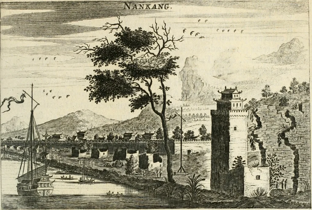 An illustration from Legatio batavica ad magnum Tartariæ chamum Sungteium, modernum Sinæ imperatorem. Historiarum narratione, quæ legatis in provinciis Quantung, Kiangsi, Nanking, Xantung, Peking, & aula imperatoriâ ab anno 1665 ad annum 1657 obtigerunt, ut & ardua Sinensium in bello tartarico fortunâ, provinciarum accurata geographia, urbium delineatione, nec non artis & naturæ miraculis ex animalium, vegetabilium, mineralium genere per centum & quinquaginta æneas figuras passim illustrata & conscripta vernacule, 1668, leaf 94