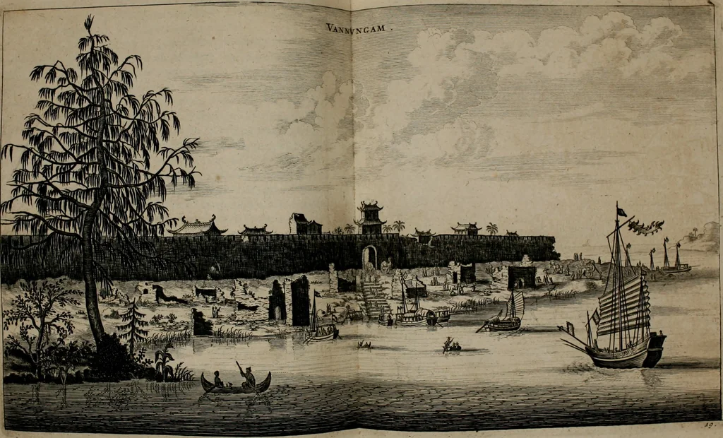 An illustration from Legatio batavica ad magnum Tartariæ chamum Sungteium, modernum Sinæ imperatorem. Historiarum narratione, quæ legatis in provinciis Quantung, Kiangsi, Nanking, Xantung, Peking, & aula imperatoriâ ab anno 1665 ad annum 1657 obtigerunt, ut & ardua Sinensium in bello tartarico fortunâ, provinciarum accurata geographia, urbium delineatione, nec non artis & naturæ miraculis ex animalium, vegetabilium, mineralium genere per centum & quinquaginta æneas figuras passim illustrata & conscripta vernacule, 1668, leaf 99