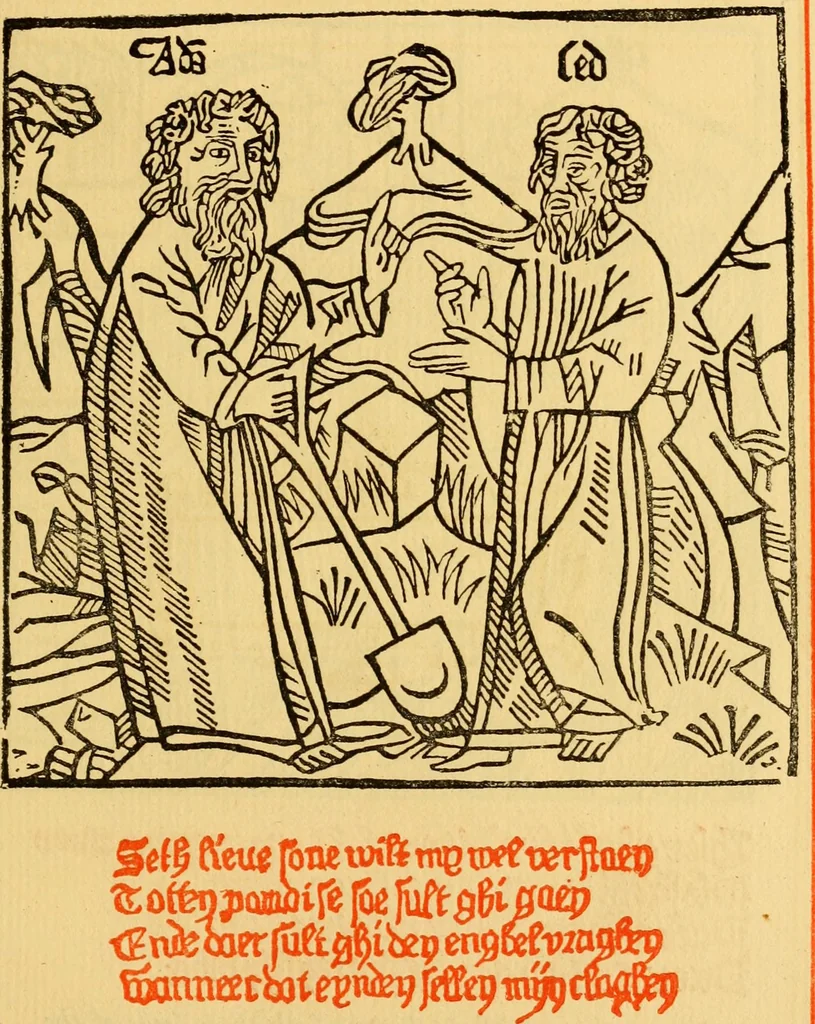 An illustration from The legendary history of the cross : a series of sixty-four woodcuts from a Dutch book published by Veldener, A.D. 1483 ; with an introduction written and illustrated by John Ashton ; preface by S. Baring Gould, 1887, leaf 122
