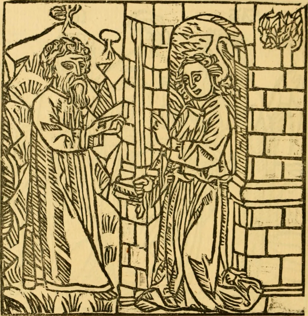 An illustration from The legendary history of the cross : a series of sixty-four woodcuts from a Dutch book published by Veldener, A.D. 1483 ; with an introduction written and illustrated by John Ashton ; preface by S. Baring Gould, 1887, leaf 123