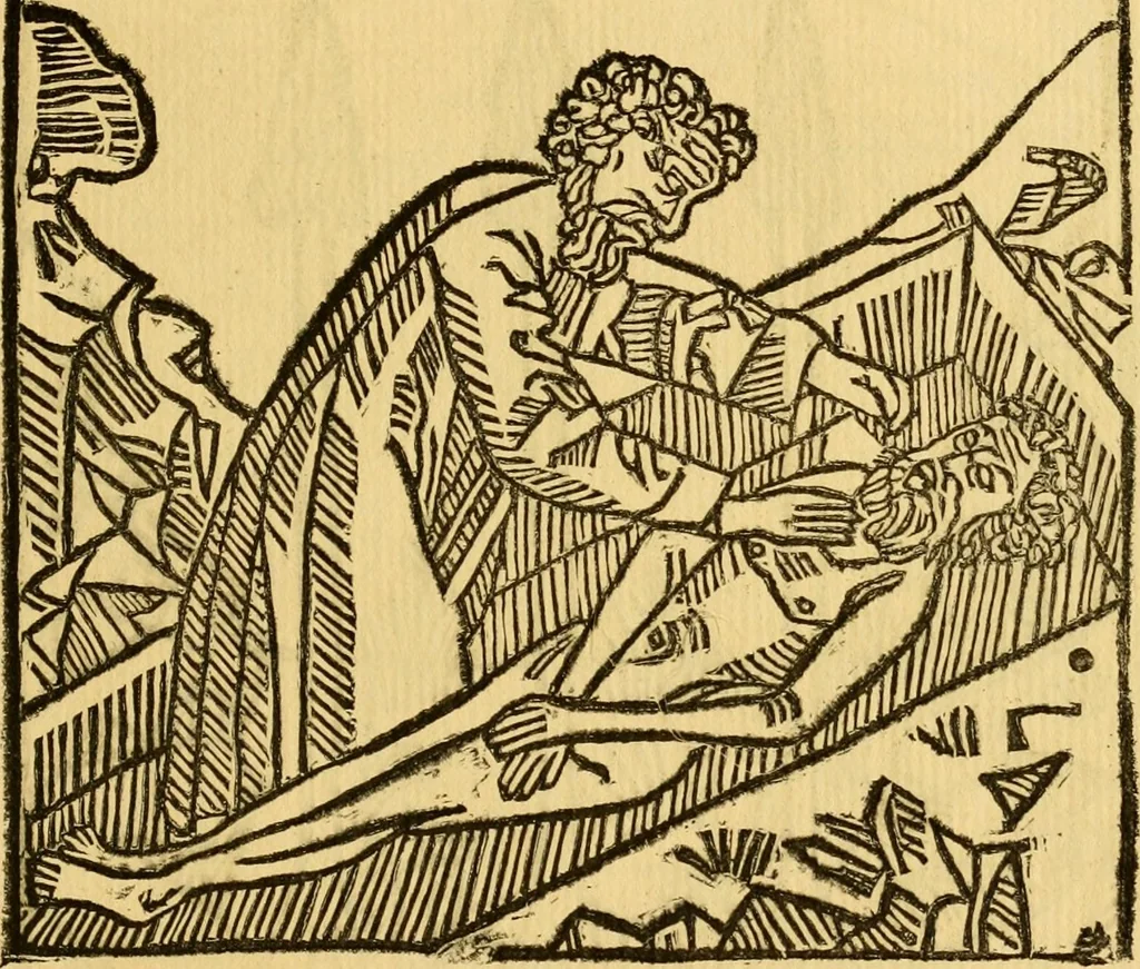 An illustration from The legendary history of the cross : a series of sixty-four woodcuts from a Dutch book published by Veldener, A.D. 1483 ; with an introduction written and illustrated by John Ashton ; preface by S. Baring Gould, 1887, leaf 124