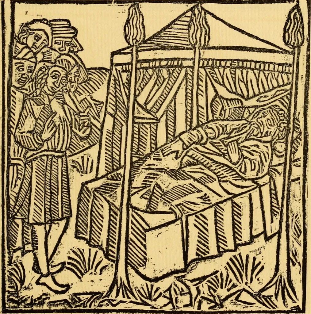 An illustration from The legendary history of the cross : a series of sixty-four woodcuts from a Dutch book published by Veldener, A.D. 1483 ; with an introduction written and illustrated by John Ashton ; preface by S. Baring Gould, 1887, leaf 126