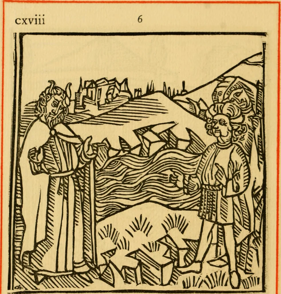 An illustration from The legendary history of the cross : a series of sixty-four woodcuts from a Dutch book published by Veldener, A.D. 1483 ; with an introduction written and illustrated by John Ashton ; preface by S. Baring Gould, 1887, leaf 127