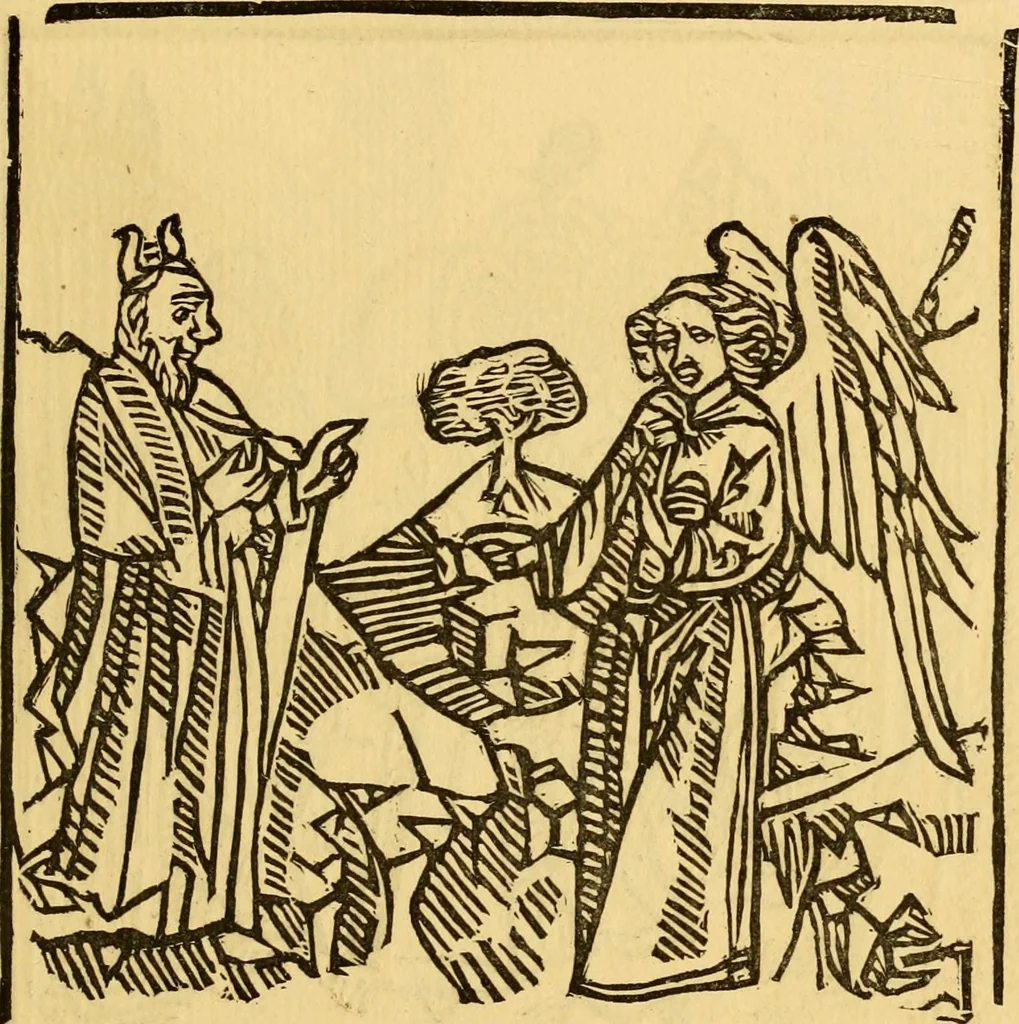 An illustration from The legendary history of the cross : a series of sixty-four woodcuts from a Dutch book published by Veldener, A.D. 1483 ; with an introduction written and illustrated by John Ashton ; preface by S. Baring Gould, 1887, leaf 128