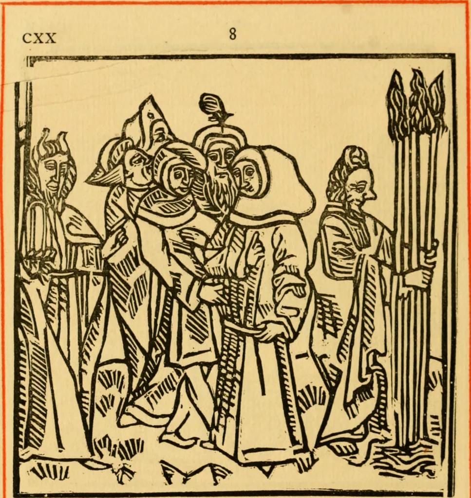An illustration from The legendary history of the cross : a series of sixty-four woodcuts from a Dutch book published by Veldener, A.D. 1483 ; with an introduction written and illustrated by John Ashton ; preface by S. Baring Gould, 1887, leaf 129