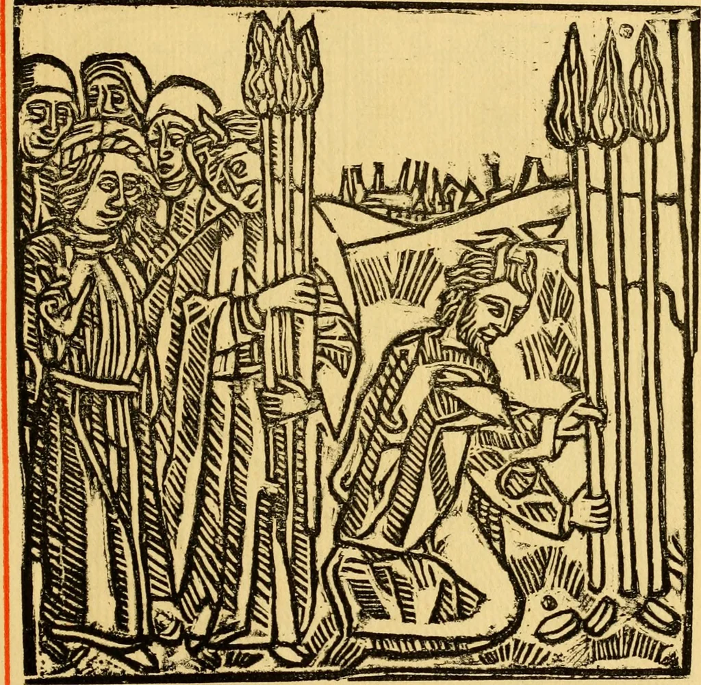 An illustration from The legendary history of the cross : a series of sixty-four woodcuts from a Dutch book published by Veldener, A.D. 1483 ; with an introduction written and illustrated by John Ashton ; preface by S. Baring Gould, 1887, leaf 130