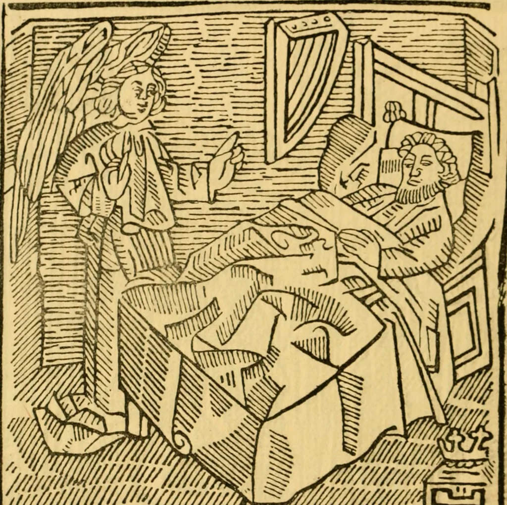 An illustration from The legendary history of the cross : a series of sixty-four woodcuts from a Dutch book published by Veldener, A.D. 1483 ; with an introduction written and illustrated by John Ashton ; preface by S. Baring Gould, 1887, leaf 131
