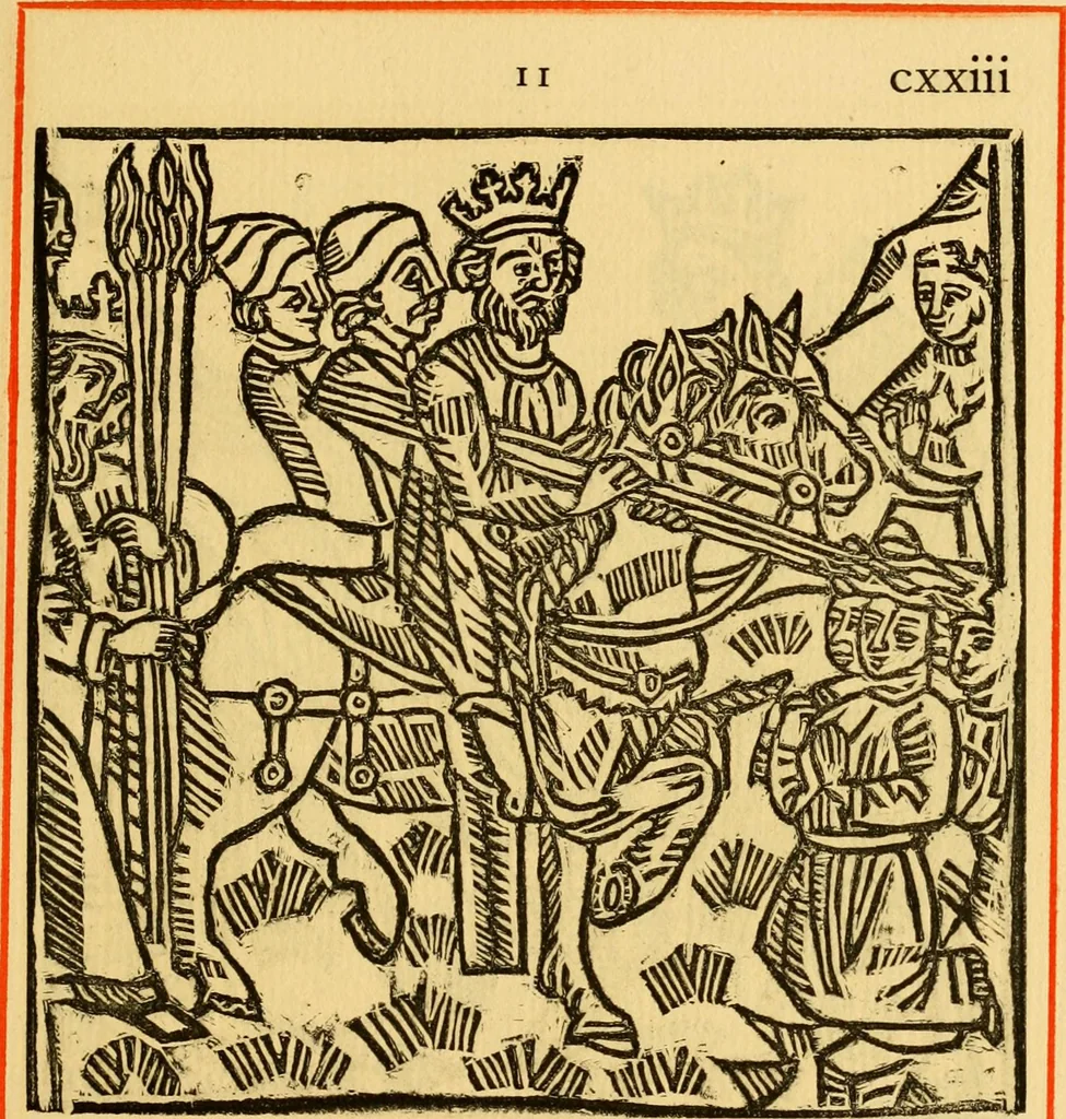 An illustration from The legendary history of the cross : a series of sixty-four woodcuts from a Dutch book published by Veldener, A.D. 1483 ; with an introduction written and illustrated by John Ashton ; preface by S. Baring Gould, 1887, leaf 132