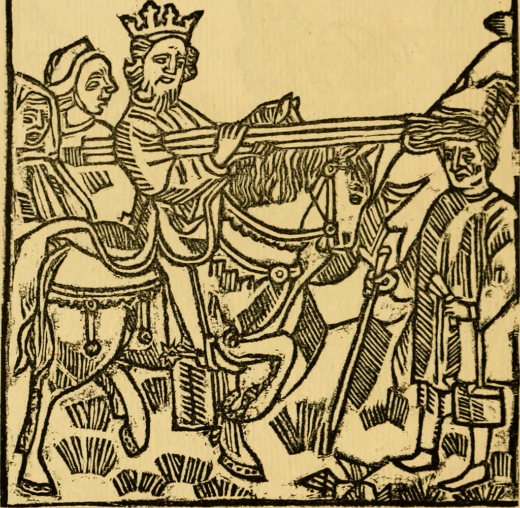 An illustration from The legendary history of the cross : a series of sixty-four woodcuts from a Dutch book published by Veldener, A.D. 1483 ; with an introduction written and illustrated by John Ashton ; preface by S. Baring Gould, 1887, leaf 133