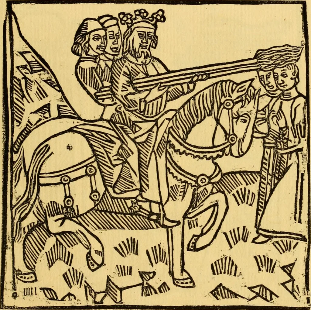 An illustration from The legendary history of the cross : a series of sixty-four woodcuts from a Dutch book published by Veldener, A.D. 1483 ; with an introduction written and illustrated by John Ashton ; preface by S. Baring Gould, 1887, leaf 134