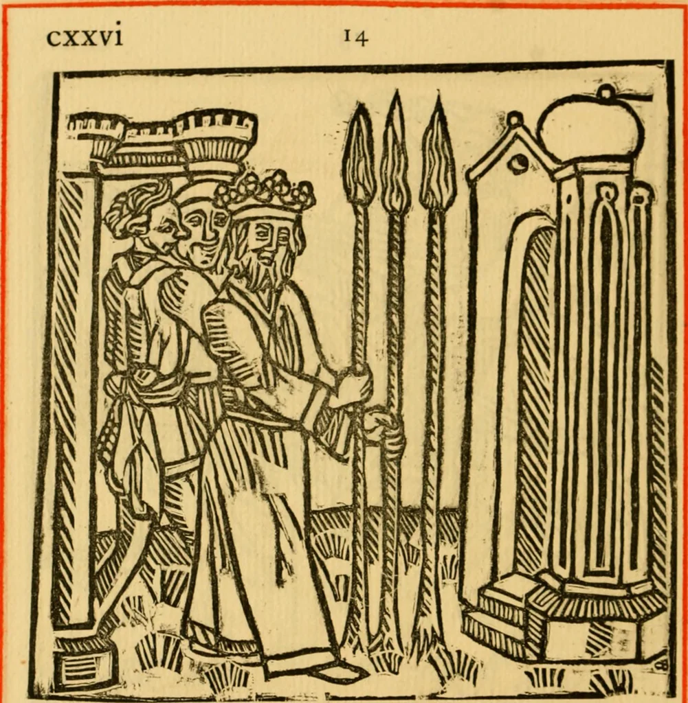 An illustration from The legendary history of the cross : a series of sixty-four woodcuts from a Dutch book published by Veldener, A.D. 1483 ; with an introduction written and illustrated by John Ashton ; preface by S. Baring Gould, 1887, leaf 135
