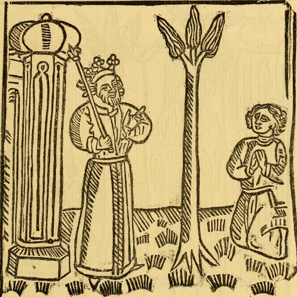 An illustration from The legendary history of the cross : a series of sixty-four woodcuts from a Dutch book published by Veldener, A.D. 1483 ; with an introduction written and illustrated by John Ashton ; preface by S. Baring Gould, 1887, leaf 136