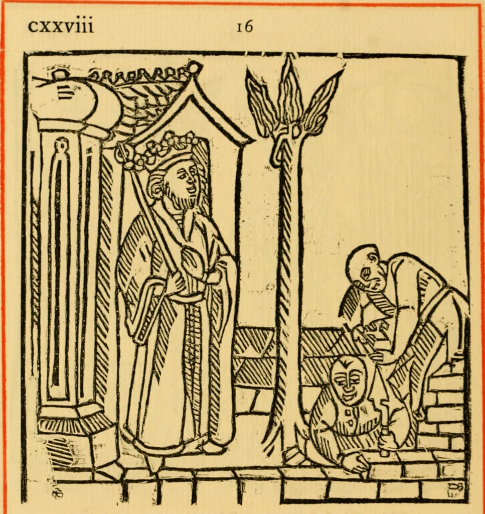 An illustration from The legendary history of the cross : a series of sixty-four woodcuts from a Dutch book published by Veldener, A.D. 1483 ; with an introduction written and illustrated by John Ashton ; preface by S. Baring Gould, 1887, leaf 137