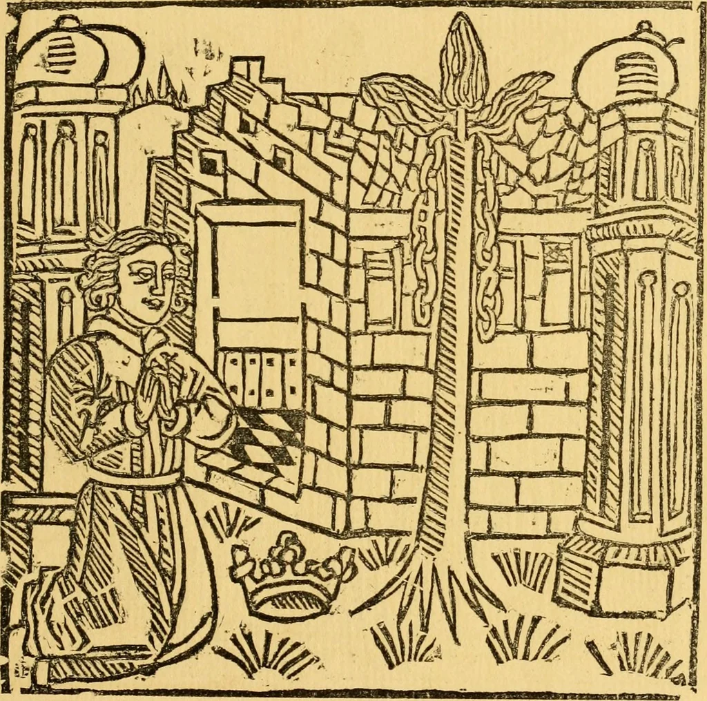 An illustration from The legendary history of the cross : a series of sixty-four woodcuts from a Dutch book published by Veldener, A.D. 1483 ; with an introduction written and illustrated by John Ashton ; preface by S. Baring Gould, 1887, leaf 138