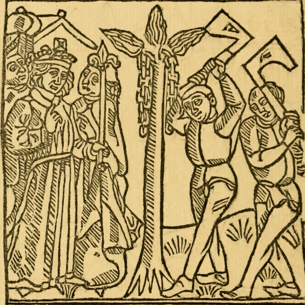 An illustration from The legendary history of the cross : a series of sixty-four woodcuts from a Dutch book published by Veldener, A.D. 1483 ; with an introduction written and illustrated by John Ashton ; preface by S. Baring Gould, 1887, leaf 139
