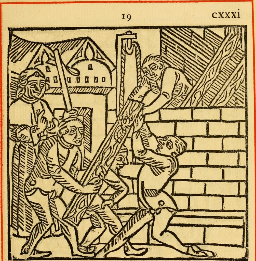 An illustration from The legendary history of the cross : a series of sixty-four woodcuts from a Dutch book published by Veldener, A.D. 1483 ; with an introduction written and illustrated by John Ashton ; preface by S. Baring Gould, 1887, leaf 140