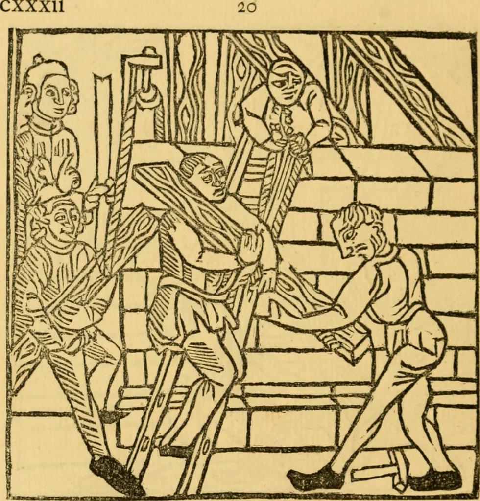 An illustration from The legendary history of the cross : a series of sixty-four woodcuts from a Dutch book published by Veldener, A.D. 1483 ; with an introduction written and illustrated by John Ashton ; preface by S. Baring Gould, 1887, leaf 141