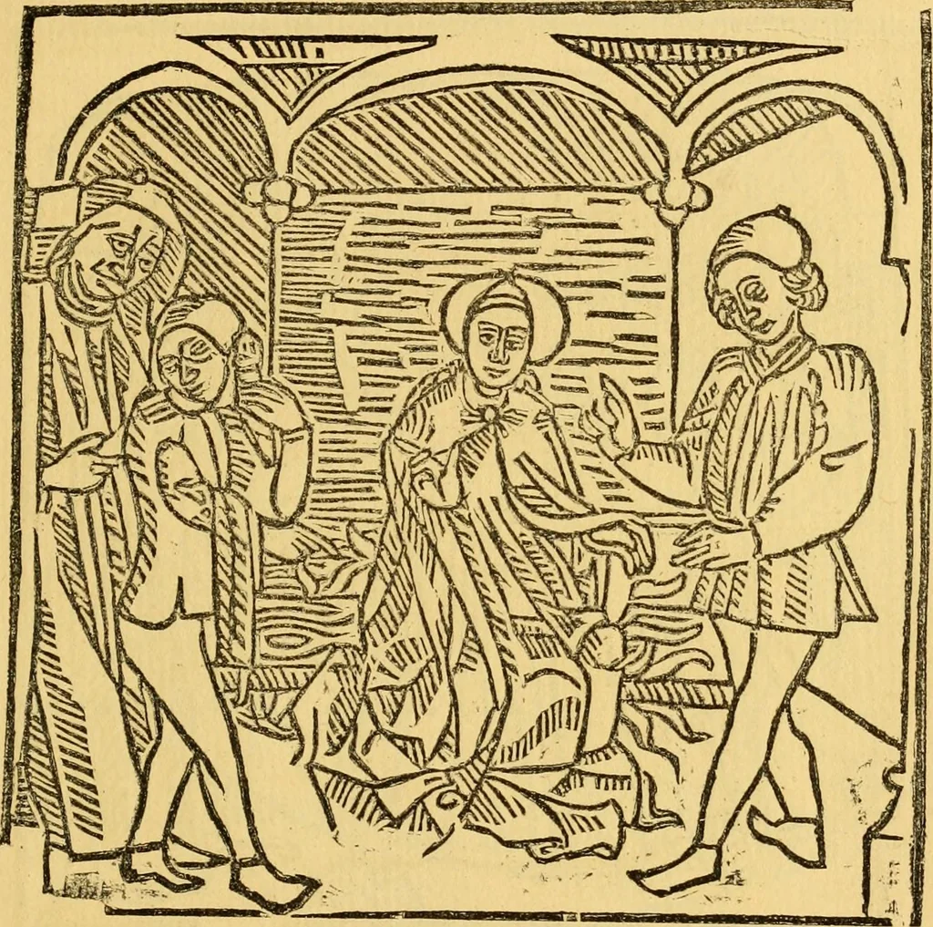 An illustration from The legendary history of the cross : a series of sixty-four woodcuts from a Dutch book published by Veldener, A.D. 1483 ; with an introduction written and illustrated by John Ashton ; preface by S. Baring Gould, 1887, leaf 142