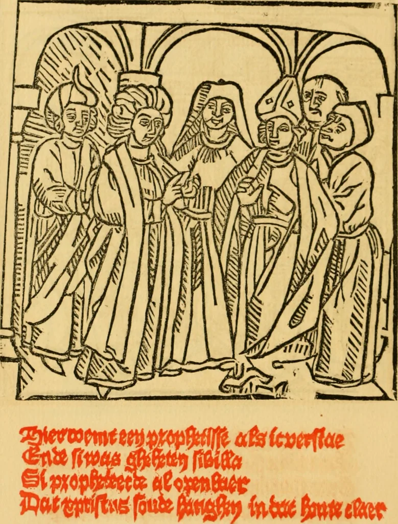 An illustration from The legendary history of the cross : a series of sixty-four woodcuts from a Dutch book published by Veldener, A.D. 1483 ; with an introduction written and illustrated by John Ashton ; preface by S. Baring Gould, 1887, leaf 143