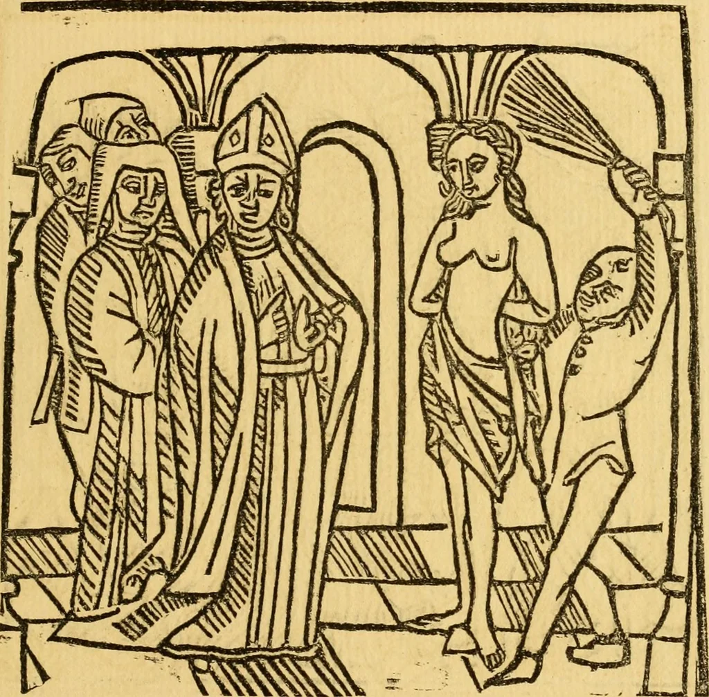 An illustration from The legendary history of the cross : a series of sixty-four woodcuts from a Dutch book published by Veldener, A.D. 1483 ; with an introduction written and illustrated by John Ashton ; preface by S. Baring Gould, 1887, leaf 144