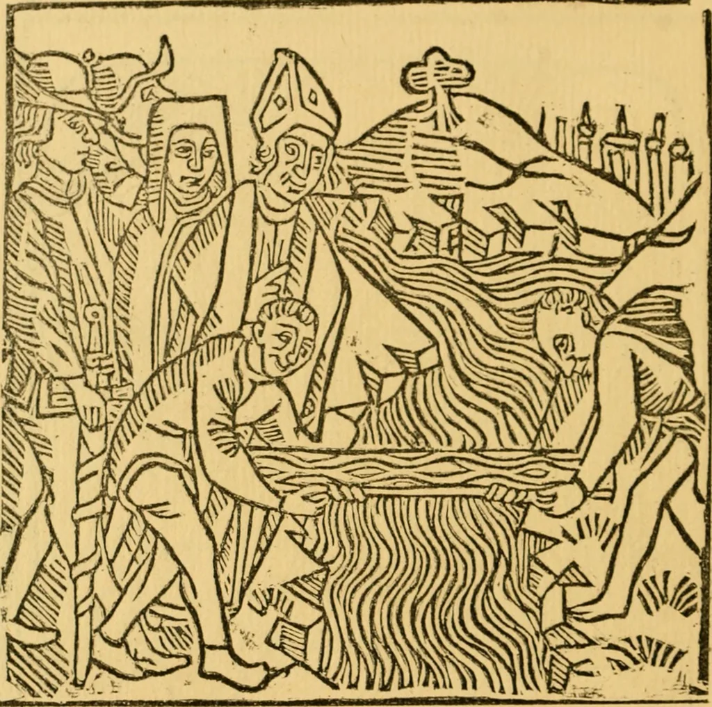 An illustration from The legendary history of the cross : a series of sixty-four woodcuts from a Dutch book published by Veldener, A.D. 1483 ; with an introduction written and illustrated by John Ashton ; preface by S. Baring Gould, 1887, leaf 145