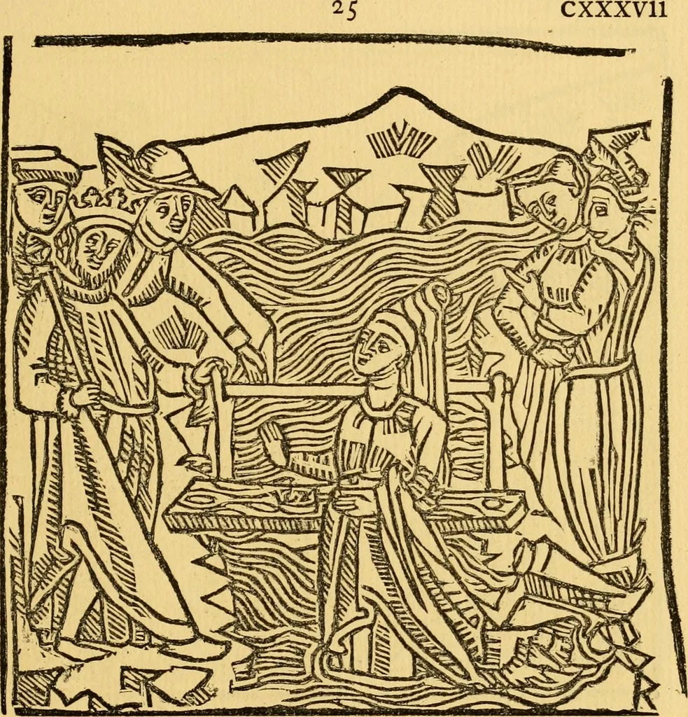 An illustration from The legendary history of the cross : a series of sixty-four woodcuts from a Dutch book published by Veldener, A.D. 1483 ; with an introduction written and illustrated by John Ashton ; preface by S. Baring Gould, 1887, leaf 146