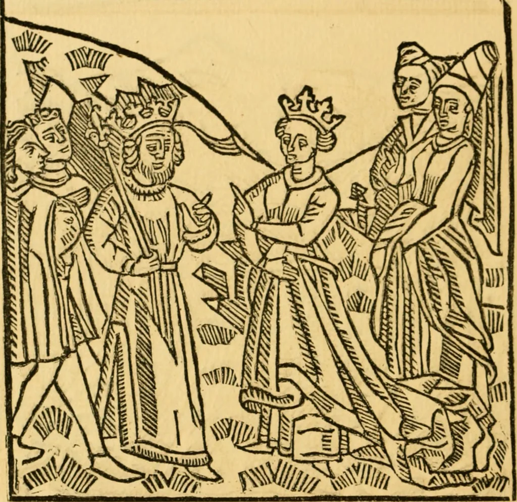 An illustration from The legendary history of the cross : a series of sixty-four woodcuts from a Dutch book published by Veldener, A.D. 1483 ; with an introduction written and illustrated by John Ashton ; preface by S. Baring Gould, 1887, leaf 147