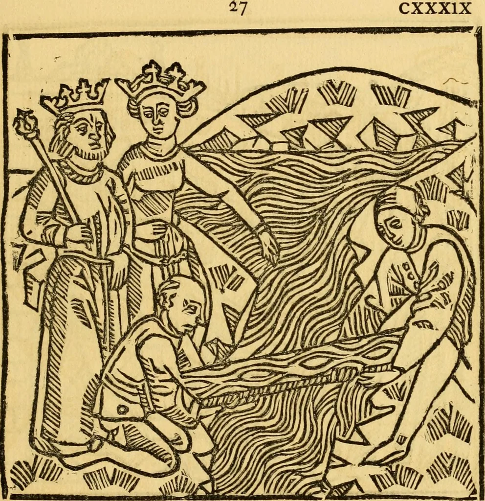 An illustration from The legendary history of the cross : a series of sixty-four woodcuts from a Dutch book published by Veldener, A.D. 1483 ; with an introduction written and illustrated by John Ashton ; preface by S. Baring Gould, 1887, leaf 148