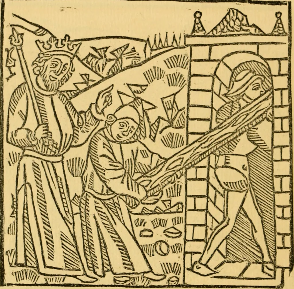 An illustration from The legendary history of the cross : a series of sixty-four woodcuts from a Dutch book published by Veldener, A.D. 1483 ; with an introduction written and illustrated by John Ashton ; preface by S. Baring Gould, 1887, leaf 149