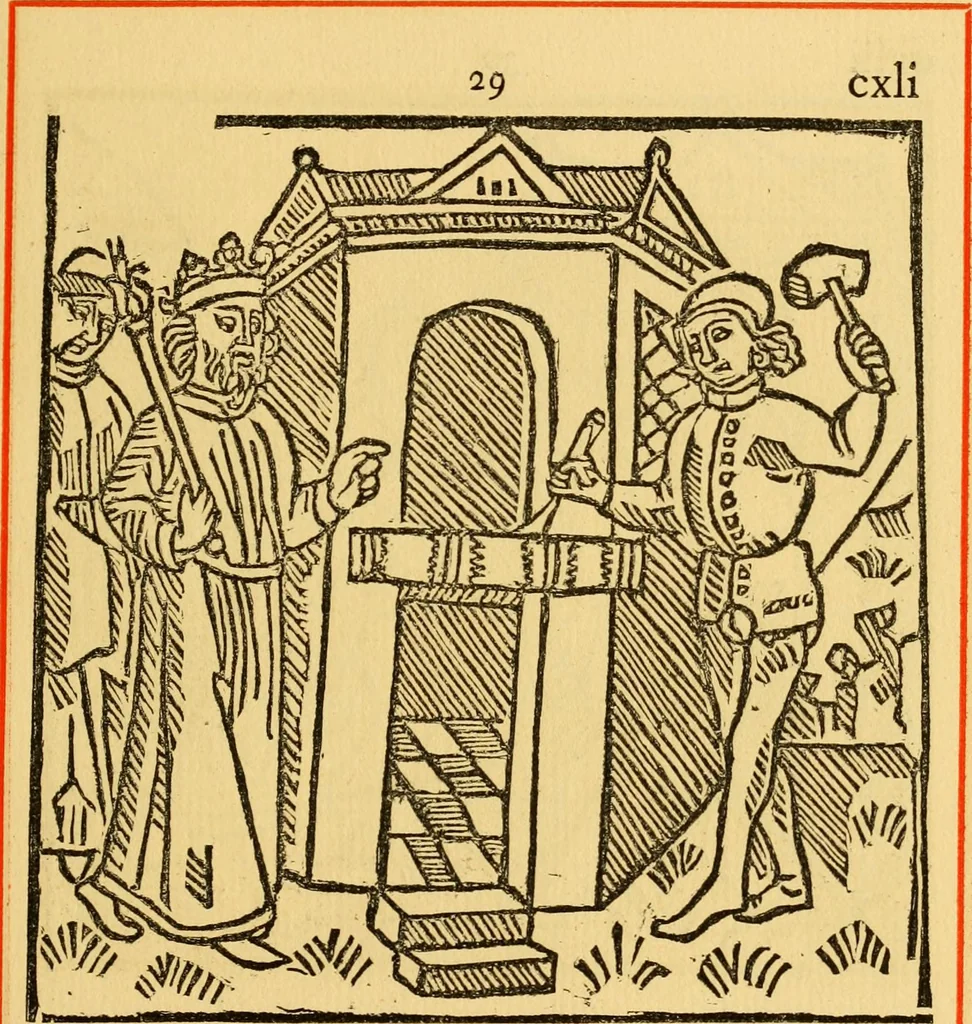 An illustration from The legendary history of the cross : a series of sixty-four woodcuts from a Dutch book published by Veldener, A.D. 1483 ; with an introduction written and illustrated by John Ashton ; preface by S. Baring Gould, 1887, leaf 150