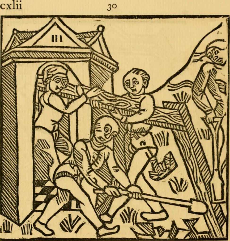 An illustration from The legendary history of the cross : a series of sixty-four woodcuts from a Dutch book published by Veldener, A.D. 1483 ; with an introduction written and illustrated by John Ashton ; preface by S. Baring Gould, 1887, leaf 151