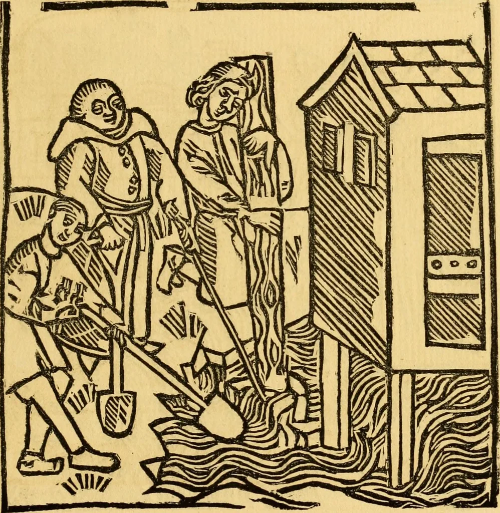 An illustration from The legendary history of the cross : a series of sixty-four woodcuts from a Dutch book published by Veldener, A.D. 1483 ; with an introduction written and illustrated by John Ashton ; preface by S. Baring Gould, 1887, leaf 152