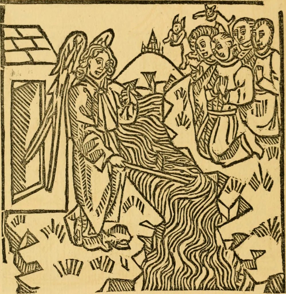 An illustration from The legendary history of the cross : a series of sixty-four woodcuts from a Dutch book published by Veldener, A.D. 1483 ; with an introduction written and illustrated by John Ashton ; preface by S. Baring Gould, 1887, leaf 153