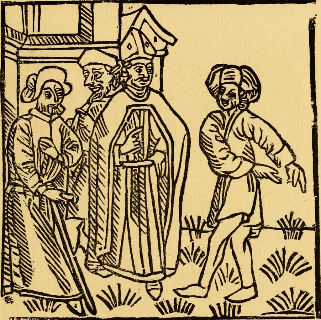 An illustration from The legendary history of the cross : a series of sixty-four woodcuts from a Dutch book published by Veldener, A.D. 1483 ; with an introduction written and illustrated by John Ashton ; preface by S. Baring Gould, 1887, leaf 154